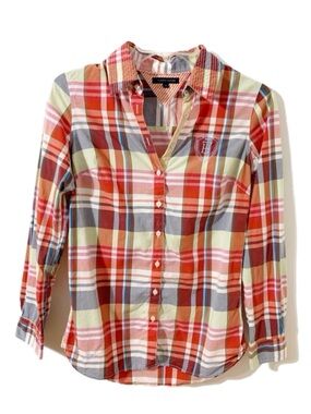 Tommy Hilfiger Button Front Madras Plaid Shirt Pointed Collar Elbow Patches 🧡💙